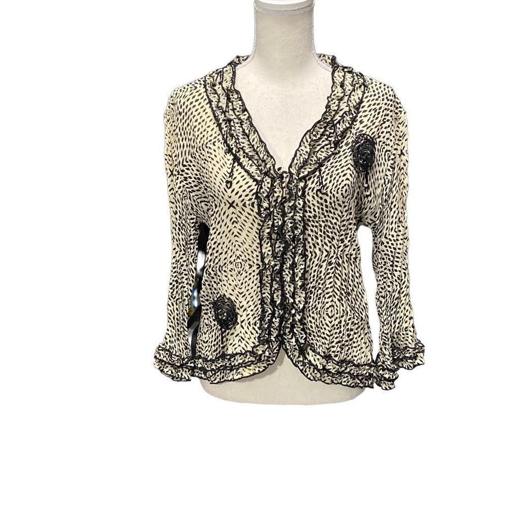 Jaipur Black Cream Button Front Semi Sheer Crinkle Blouse Beaded Sz Large